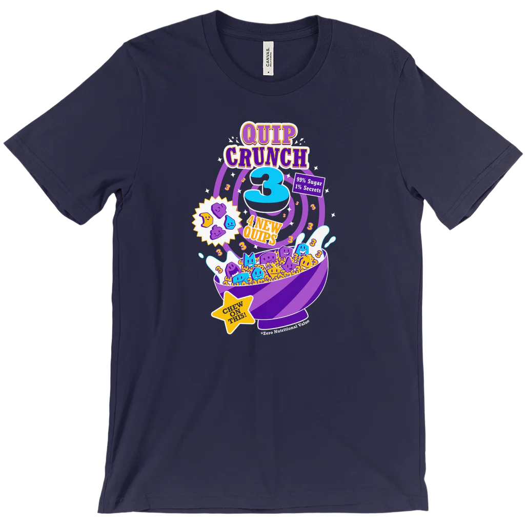 navy tee with Quip Crunch 3 breakfast cereal graphic print