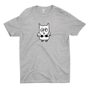 The drawful owl wearing a bikini is printed in black and white on a grey tee.