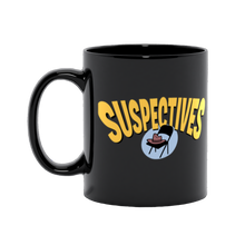 Black Mug with gold text that reads "Suspectives" and an illustration of a fedora on a folding chair.