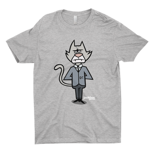 Heather grey tee with a large print of Mayonnaise, the cat host of Split the Room