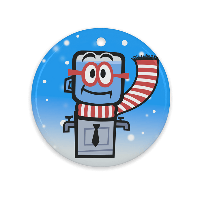 M. Bubz wearing a striped scarf on a round holiday ornament 
