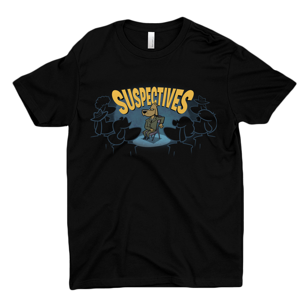 Black t-shirt with 'Suspectives' graphic design on a black background with a cartoon dog in a suit. 