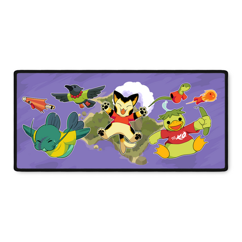 Digital render image of a deskmat featuring characters from Tee K.O. jumping up from a volcano island
